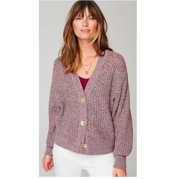 J. Jill Cotton Loose Knit Purple Green Gold Button Cardigan Sweater Size Medium - Picture 1 of 13